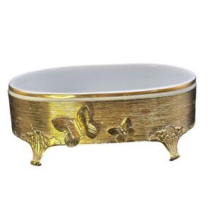 Vintage Stylebuilt Gold-toned Oval Vanity Soap Dish Tray With Butterfly Design